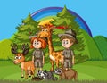 Background scene with park rangers and wild animals