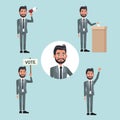 Background scene set people bearded man in formal suit in different poses for vote candidacy