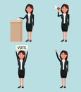 Background scene set people female in formal suit in different poses promoving vote candidacy