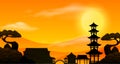Background scene with sunset and silhouette asian temple