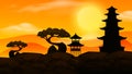 Background scene with sunset and silhouette asian temples