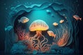 Background sea composition with fish, corals and glowing jellyfish