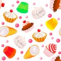 Background seamless with fruit cakes, marshmallow,