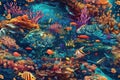 background with a seamless marine pattern with tropical fish and seaweed underwater on ocean. Generative AI illustration