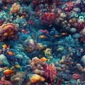 background with a seamless marine pattern with tropical fish and seaweed underwater on ocean. Generative AI illustration