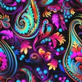background with seamless paisley pattern indian traditional oriental multicolored ornament. Bright vibrant neon rainbow