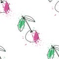 Background seamless pattern with a sweet cherry in the form of a contour with a bright juicy splash. Royalty Free Stock Photo