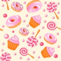 Background seamless sweet donuts candy cupcakes