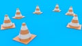 Background of seven traffic cones on blue