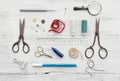 Background with sewing and knitting tools Royalty Free Stock Photo