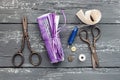 Background with sewing and knitting tools Royalty Free Stock Photo