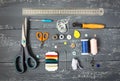 Background with sewing and knitting tools Royalty Free Stock Photo
