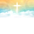 Background with shining cross and heaven with white clouds.