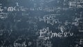 Background shot of blackboard with scientific and algebraic formulas and graphs written on it in graphics. Business Royalty Free Stock Photo