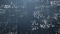 Background shot of blackboard with scientific and algebraic formulas and graphs written on it in graphics. Business
