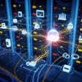 Background showcases server racks with blinking lights emphasizing a Royalty Free Stock Photo