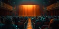 background showcasing a school auditorium with a stage, curtains, and seats filled for a performance. Royalty Free Stock Photo