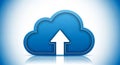 Blue cloud with white upward arrow symbolizing data upload and cloud computing services on a gradient background Royalty Free Stock Photo