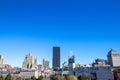 Skyline of the Old Montreal, or Vieux Montreal, Quebec, Canada. with the Notre Dame Basilica in front, stone and glass Skyscrapers Royalty Free Stock Photo