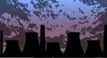 Background of a silhouette of nuclear power plant pipes and thickening clouds