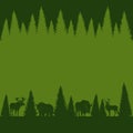 Background of silhouettes of wild forest animals and trees