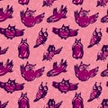 Seamless pattern with doodle owls. Vector ink illustration Royalty Free Stock Photo