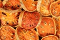 Background of slices dried bael fruit