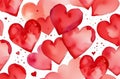 Background of small watercolor hearts in scarlet color, space for copy. Valentine's Day concept