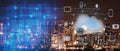 Smart city intelligence networking on cloud technology, night cityscape with digital and cloud technology sign and