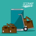 Background smartphone and hand truck packages fast delivery