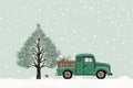 Background snow card car holiday illustration merry winter retro xmas christmas tree background Royalty Free Stock Photo