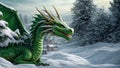 In the background of the snowy forest lies a dragon. Green Christmas dragon in the woods, generated AI Royalty Free Stock Photo