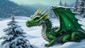 In the background of the snowy forest lies a dragon. Green Christmas dragon in the woods, generated AI Royalty Free Stock Photo