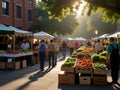 early morning farmers market scene, bustling with vendors and customers.