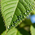Background is softly blurred, highlighting the leaf and droplets in sharp Royalty Free Stock Photo
