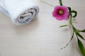 background of a spa with pink flower, white towel rolled up and a sprig of green bamboo Royalty Free Stock Photo