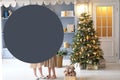 Background, space for yor text. girl and Christmas glowing garland. A little girl is stay on the floor. Girl holding a garland Royalty Free Stock Photo