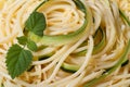 Background spaghetti pasta with zucchini and mint close-up