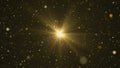 Background of sparkling golden dust bokeh with beam of light in the center on black background. Shiny golden stars, glow Royalty Free Stock Photo
