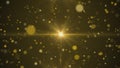 Background of sparkling golden dust bokeh with beam of light in the center on black background. Shiny golden stars, glow Royalty Free Stock Photo