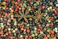 Background spice peas pepper multicolored canvas lots of peppercorn spicy base design culinary menu with star anise in the center Royalty Free Stock Photo