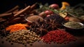 Background Spices and herbs for cooking on dark background Spices Seasonings,  drinks , Generate AI Royalty Free Stock Photo