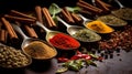 Background Spices and herbs for cooking on dark background Spices Seasonings,  drinks , Generate AI Royalty Free Stock Photo