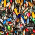 Background of spinners and wobblers, a lot of bait for fishing, fishing wallpaper,