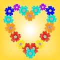 Background spring primroses primula flowers blue heart glow.