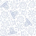 Background with starfish, seashells and jellyfish. Seamless pattern. Royalty Free Stock Photo