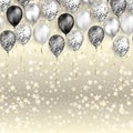 Background with stars confetti and black and white balloons as top border. Shiny glossy realistic Royalty Free Stock Photo