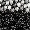 Background with stars confetti and black and white balloons as top border. Shiny glossy realistic Royalty Free Stock Photo