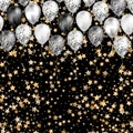 Background with stars confetti and black and white balloons as top border. Shiny glossy realistic Royalty Free Stock Photo