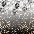 Background with stars confetti and black and white balloons as top border. Shiny glossy realistic Royalty Free Stock Photo